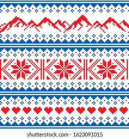 Mountains knitwear vector seamless pattern -  Fair Isle style traditional knit design for mountain, ski, snowboard and hike lovers. Scottish retro winter textile folk art background 