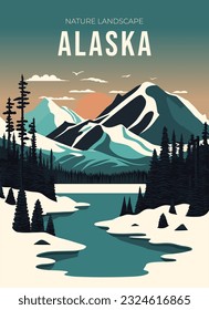 Mountains and lake in Alaska. Vector illustration in flat style.