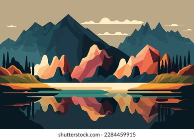 Mountains and lake in the flat style. Vector illustration for your design. A mountain range with a lake in the valley