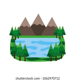 mountains and lake in forest landscape