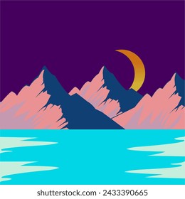Mountains and lake with moon. Vector illustration in flat style