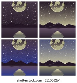 Mountains and the lake in the moonlight - 4 different color combinations, editable and can be used separately. Suitable as a background image, can be used as a book cover, header etc
