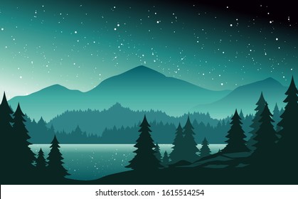 Mountains and lake at night landscape flat vector illustration. Nature scenery with fir trees and hill peaks silhouettes on horizon. Valley, river and starry sky scene cartoon background.