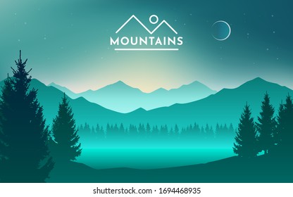 Mountains and lake at night landscape flat vector illustration. Nature scenery with fir trees and hill peaks silhouettes on horizon. Valley, river and starry sky scene background.