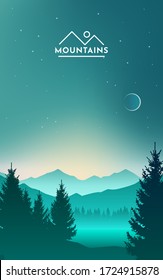 Mountains and lake at night landscape flat vector illustration. Nature scenery with fir trees and hill peaks silhouettes on horizon. Valley, river and starry sky scene background.