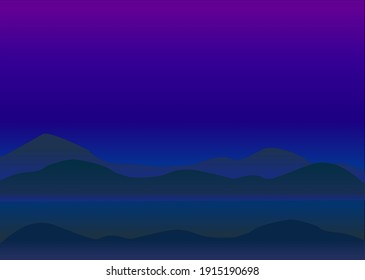 Mountains and lake, night landscape, vector ENP 10. Horizontal illustration in blue colors, no people, outdoor theme. 