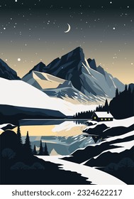 Mountains and lake at night. Vector illustration in flat style.