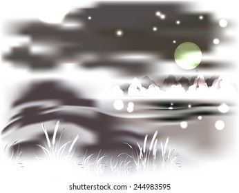 Mountains and lake on a moonlit night. EPS10 vector illustration. 
