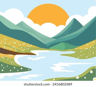 Montañas y lago en un día soleado Ilustración de paisaje. Naturaleza y temporada de verano concepto Vector