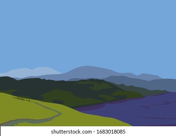 Mountains lake panorama landscape vector. Mounts silhouette range. Flat minimalistic style. Green mountain terrain horizon valley. Layered scenic view background. Tourist travel flyer, banner template