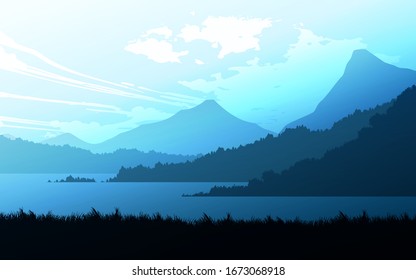 Mountains lake and river landscape silhouette tree  horizon Landscape wallpaper Sunrise and sunset Illustration vector style colorful view background.