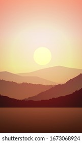 Mountains lake and river landscape silhouette tree  horizon Landscape wallpaper Sunrise and sunset Illustration vector style colorful view background.