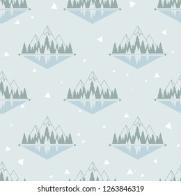 Mountains lake and spruce trees. Vector seamless pattern