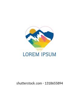 Mountains Lake and sun illustration symbol vector design