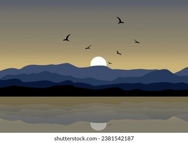 Mountains with the lake in the sunset. Vector illustration in flat style.