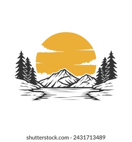 Mountains lake tree vector art illustration