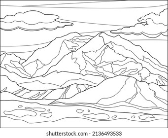 Mountains, lake and trees. Scenery.Coloring book antistress for children and adults. landscape for coloring; mountains and wood; traveling theme. 