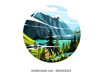 Mountains and lake vector illustration. Beautiful view on river flat style. Blooming flowers. Virgin nature. Fresh air and landscape concept. Isolated on white background