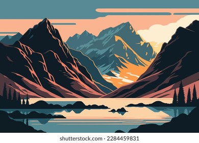 Mountains and lake. Vector illustration in flat style. Nature landscape. A mountain range with a lake in the valley