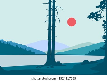 mountains and lakes in flat art illustrations