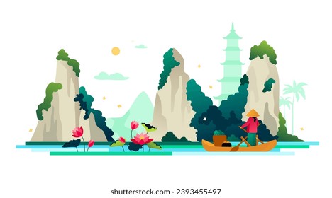 Montañas y lagos de Hanoi - moderna ilustración vectorial de color con lotos florecientes en el río, una mujer vietnamita navega en un bote y carga frutas, naturaleza tropical en la idea de verano