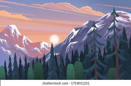 Berglandschaft, abstrakter lila Sonnenuntergang Panoramablick, Vektorgrafik. Berglandschaft, Waldhintergrund. Schöner Blick auf die Berglandschaft mit schneebedeckten Gipfeln am bewölkten Himmel