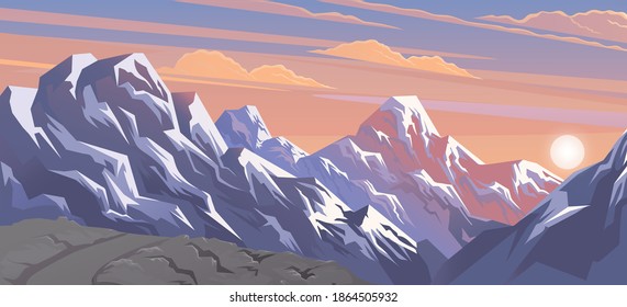 Mountains landscape, abstract lilac sunset panoramic view, vector illustration. Snow capped mountains background. Beautiful view of the mountaine landscape with snow-capped peaks on a cloudy sky