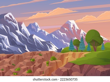 Mountains landscape, abstract lilac sunset panoramic view. Mountainside forest background. View of mountain landscape with rocks and cloudy sky. Beautiful scenery with cliffs vector illustration