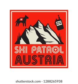 Mountains landscape. Adventure outdoor expedition mountain mountain snowy peak mountain sign or symbol with text Ski Patrol, Austria, vector illustration