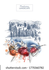 Mountains landscape with apple branch foreground. hand drawn sketch illustration and watercolor stains
