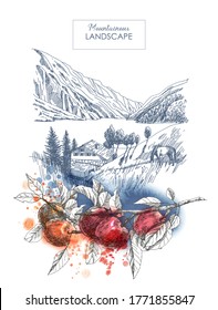Mountains landscape with apple branch foreground. hand drawn sketch illustration and watercolor stains
