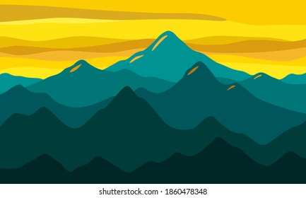 Mountains Landscape background in banner flat style. Blue-green mountains against a golden sky. Poster design. Stylized peaks rock and clouds. Trending colors 2021. Abstract vector art. 