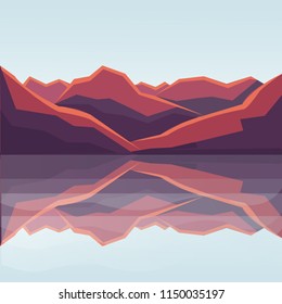 Mountains landscape background. Beautiful geometric illustration. Realistic vector illustration view of nature landscape with river, sea, mountain, rocks, reflection, sky and horizon.
