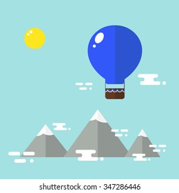 Mountains landscape with big air balloon. Big mountains with clouds. Nature landscape. Flat style vector illustration. 