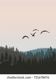 Mountains landscape with birds and forest. Flat vector illustration.