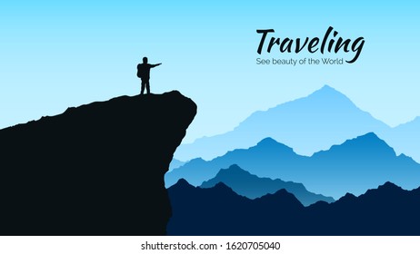 Mountains landscape in blue colors. Silhouette of man on rock on mountains background. Traveling and tourism concept. Vector illustration