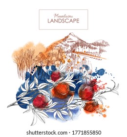 Mountains landscape with branch pomegranate foreground. hand drawn sketch illustration and watercolor stains