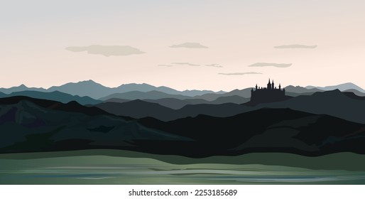 Mountains Landscape with castle silhouette. Rural nature background. Hills skyline with architectural detail