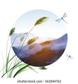 Mountains landscape in circle, grass and dragonflies. Traditional oriental ink painting sumi-e, u-sin, go-hua. 