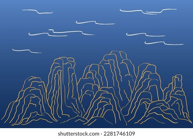 Mountains landscape, clouds, abstract background. Traditional Asian style vector illustration. Hand drawn line art. Design concept Mid Autumn Festival, Chinese New Year backdrop, card, poster, banner