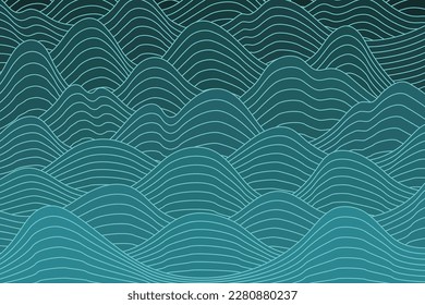 Mountains landscape, clouds, waves abstract background. Asian style vector illustration. Hand drawn line art. Design concept Mid Autumn Festival, Chinese New Year backdrop, card, poster, banner