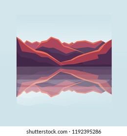 Mountains landscape concept logo web design. Beautiful geometric illustration. Realistic vector illustration view of nature landscape with river, sea, mountain, rocks, reflection, sky and horizon.