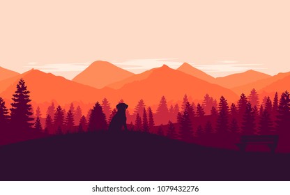 Mountains landscape. Dog sitting on a grass in the mountains. Vector 