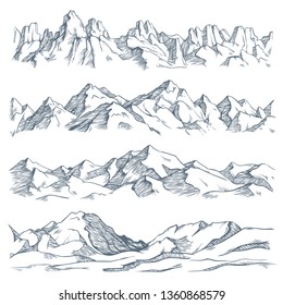 Mountains landscape engraving. Vintage hand drawn sketch of hiking or climbing on mountain. Nature highlands drawing, mountains landscape engraving. Vector isolated illustration sign set