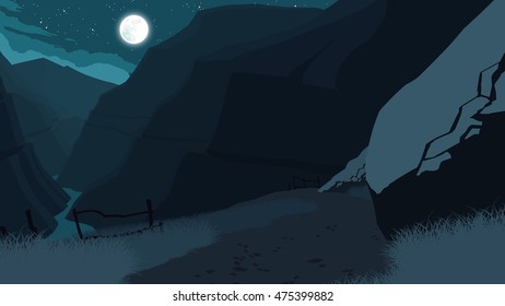 mountains landscape flat color illustration at night time
