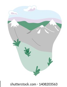 Mountains landscape flat vector illustration. Snow-capped mountain peaks. Minimalist scenery with green valley, blue sky, clouds. Alpine plants growing on in highlands. Tourism destination