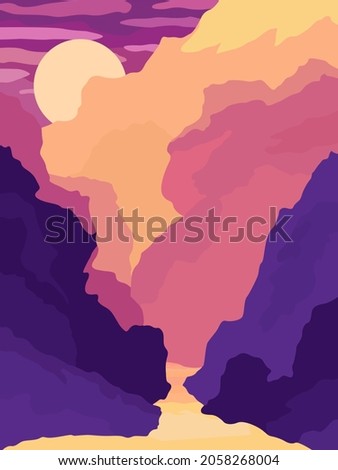 Mountains landscape flat vector illustration. Sunset
 dawn nature scenery with hills. Dark sky with cloud and full moon. River in mountins scene cartoon background.
