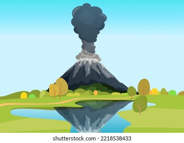 Mountains landscape of flora of natural area. Mountainside in autumn season. Outdoor recreation place with volcanic view. Erupting rock pinnacle volcano on island. Beautiful scenery of nature