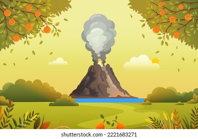 Mountains landscape of flora of natural area. Mountainside in autumn season. Outdoor recreation place with volcanic view. Erupting rock pinnacle volcano on island. Beautiful scenery of nature