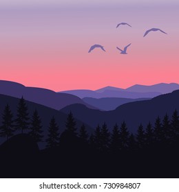 Paisaje montañoso con Ilustración vectorial plana de bosque y aves.